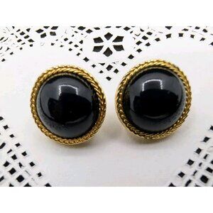 Vtg LCi Liz Claiborne Earrings Pierced Faux Onyx Domed Cabochon gold trim  0.75"